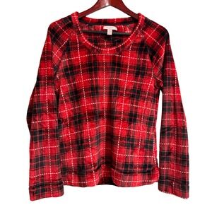 Mae Womens Red Black Plaid Fleece Pullover Sweatshirt Size Medium